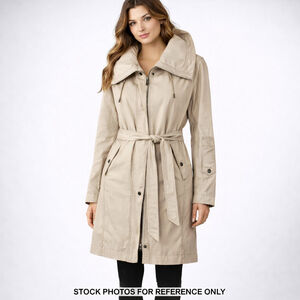 GUESS Beige Utility Trench Parka Coat Oversized Collar Zip Snap Cinched Waist